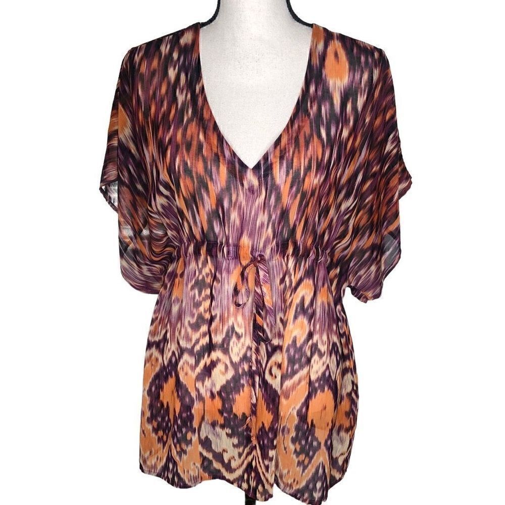 CAbi Purple and Coral Ikat Design Semi Sheer Swim Cover